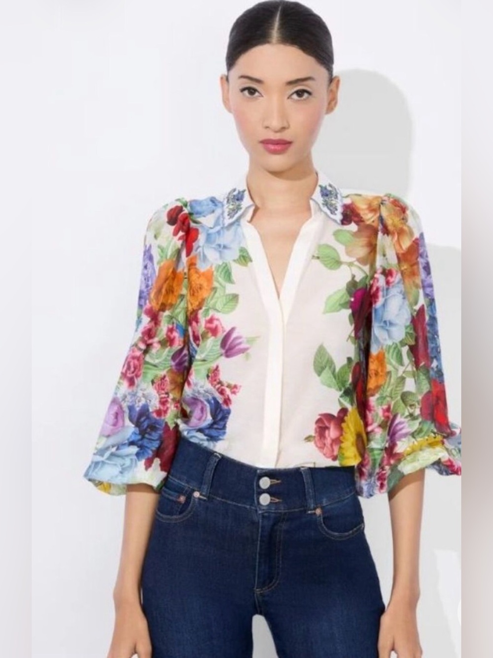 Alice + Olivia Floral Garden Brunch Sheer Button-Front Blouse in Multicolor